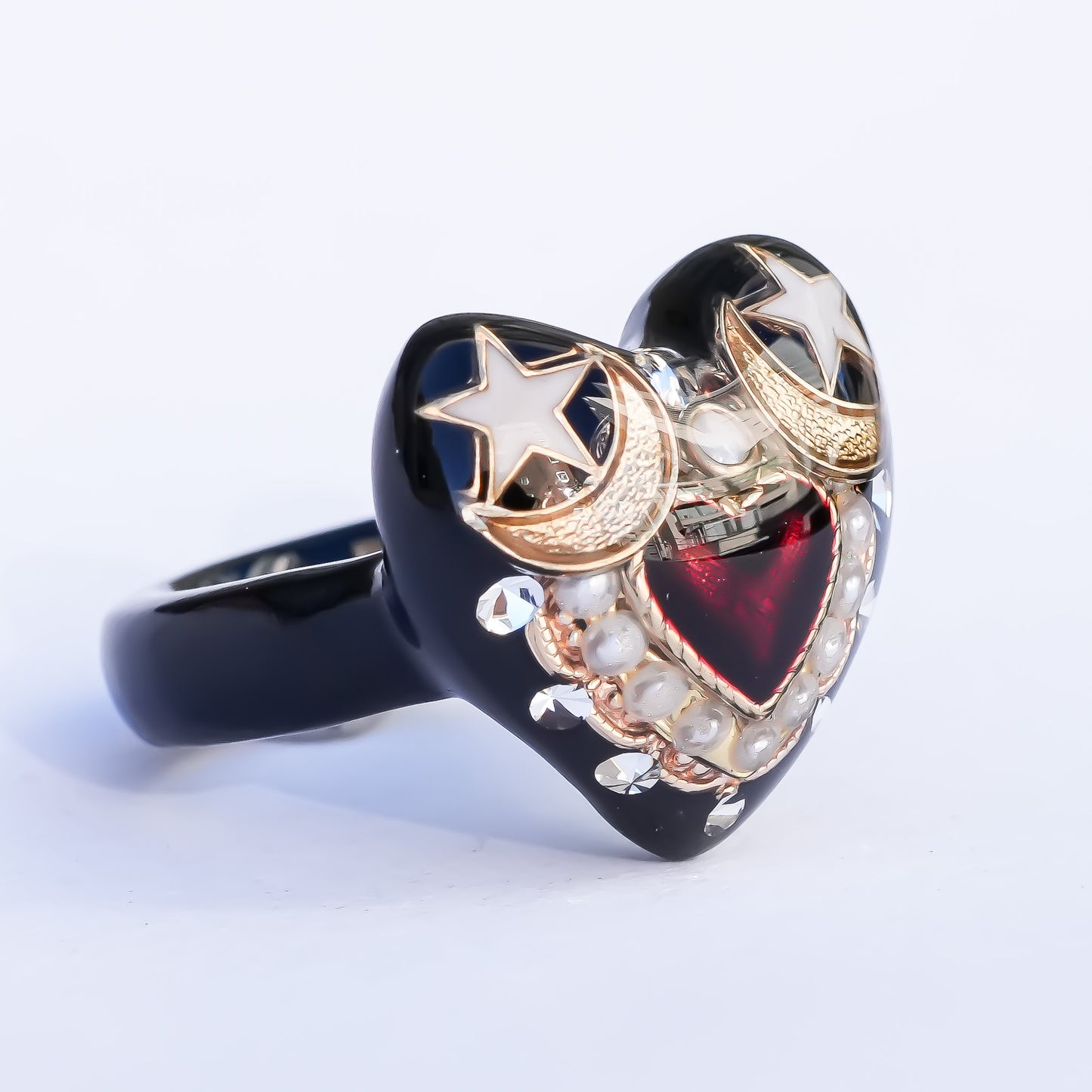 Celestial Moon Heart Ring - Black × Red / #8 #11 #16