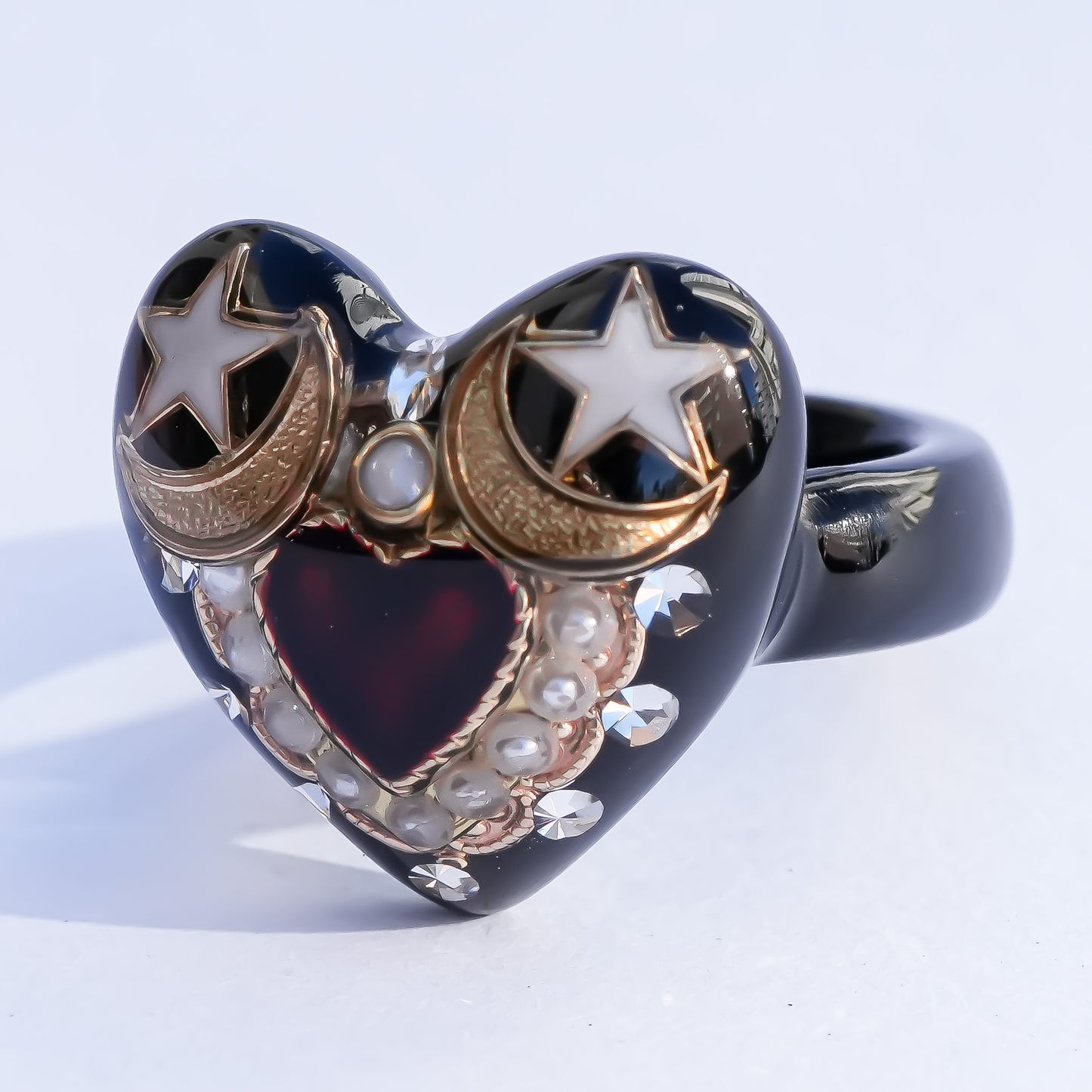 Celestial Moon Heart Ring - Black × Red / #8 #11 #16