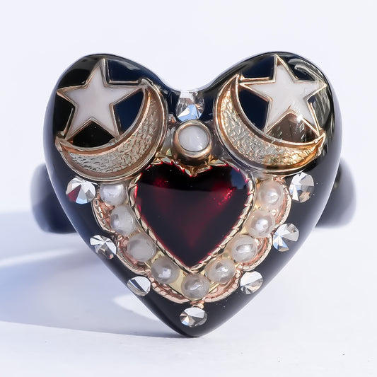Celestial Moon Heart Ring - Black × Red / #8 #11 #16