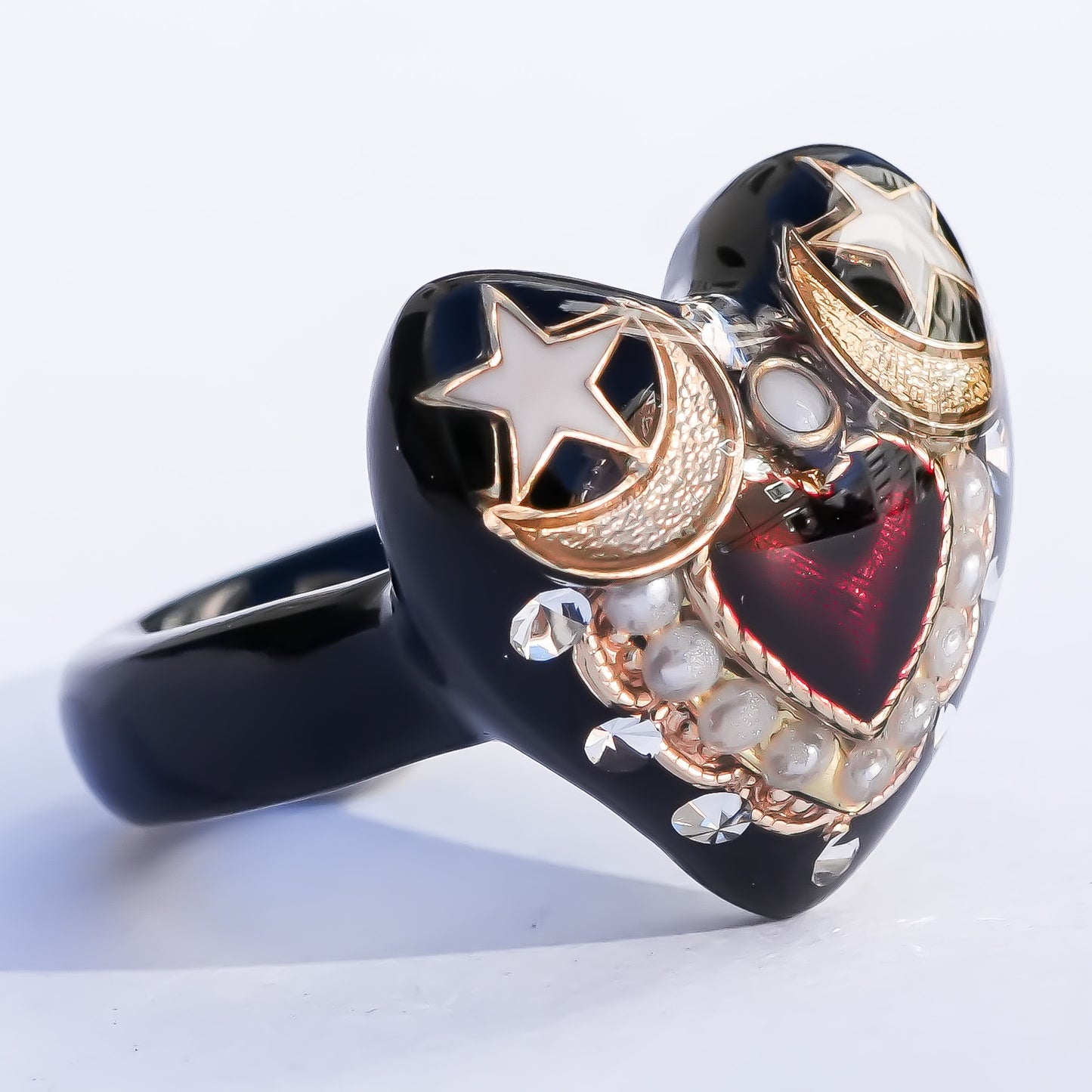 Celestial Moon Heart Ring - Black × Red / #8 #11 #16