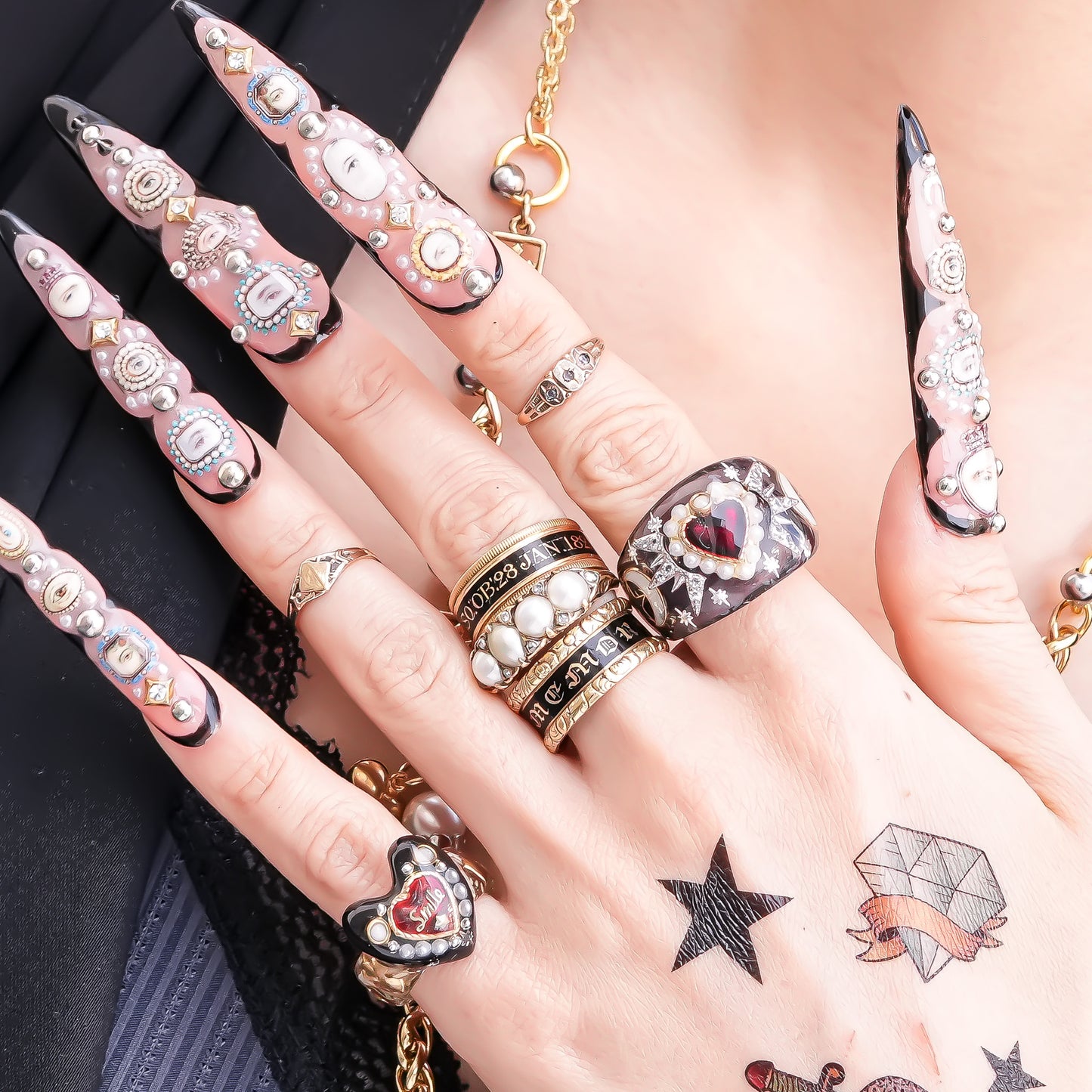 Mystic Night Heart Ring - gray blue / deep red / #13