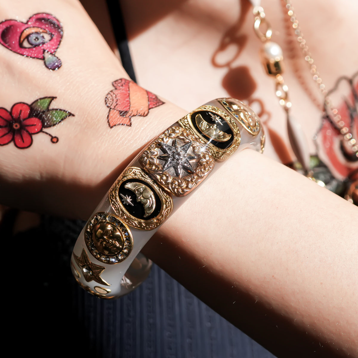 The Celestial Sun, Moon & Star Bracelet - Smoky White × Gold