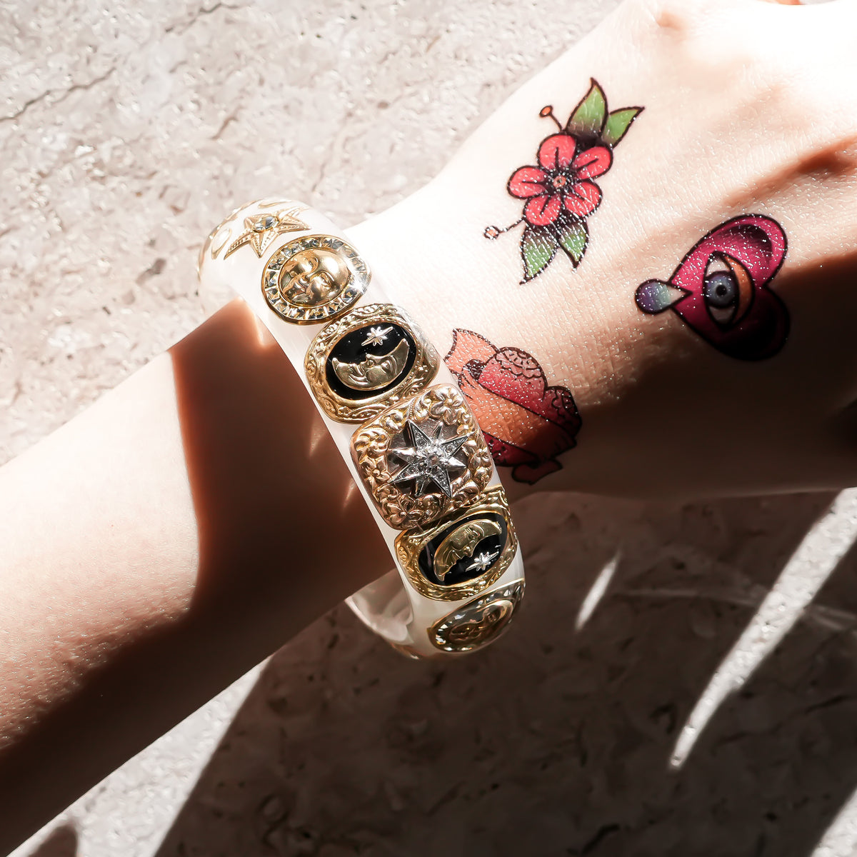 The Celestial Sun, Moon & Star Bracelet - Smoky White × Gold