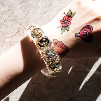 The Celestial Sun, Moon & Star Bracelet - Smoky White × Gold