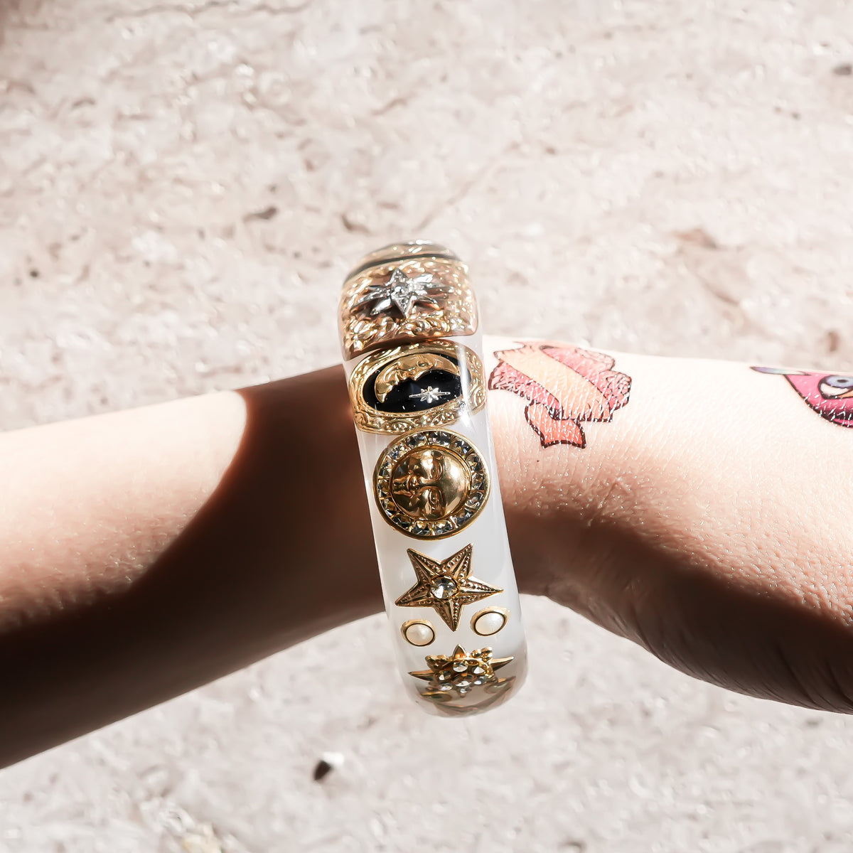 The Celestial Sun, Moon & Star Bracelet - Smoky White × Gold
