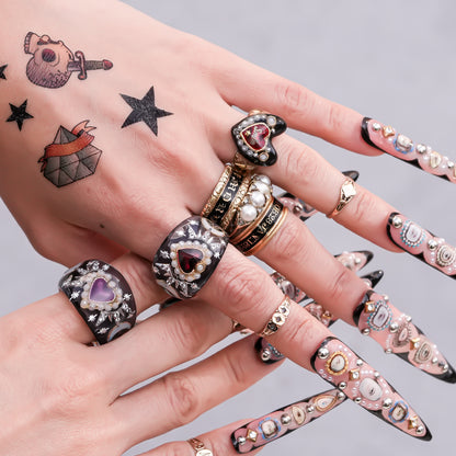 Mystic Night Heart Ring - gray blue / deep red / #13