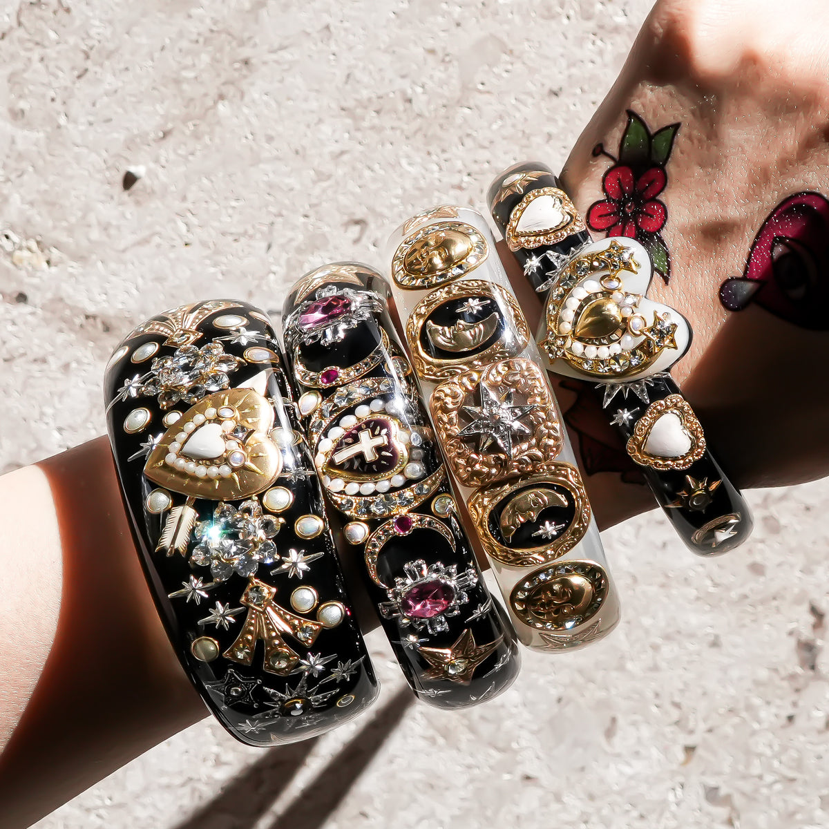 The Celestial Sun, Moon & Star Bracelet - Smoky White × Gold