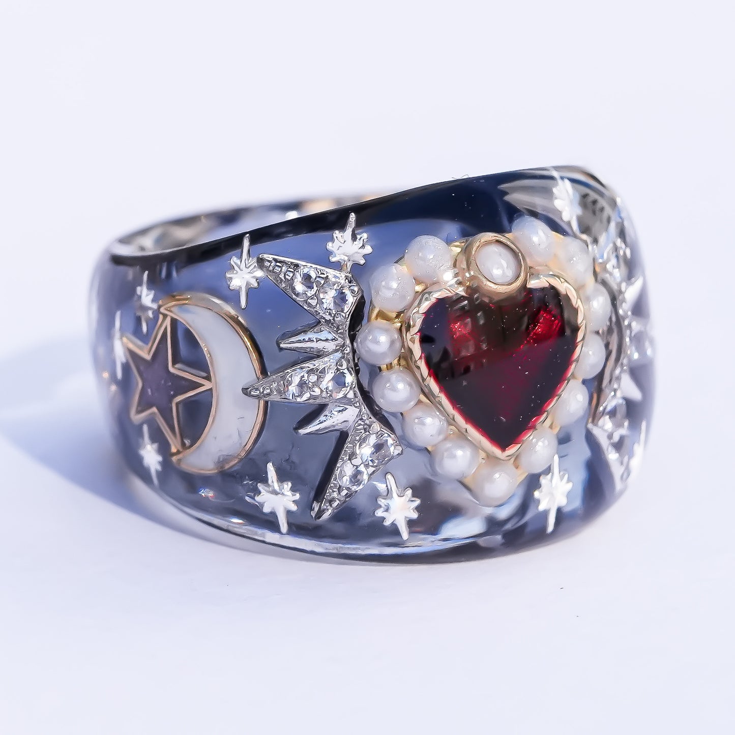 Mystic Night Heart Ring - gray blue / deep red / #13