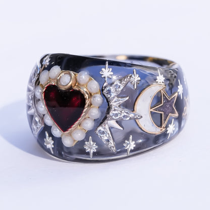 Mystic Night Heart Ring - gray blue / deep red / #13