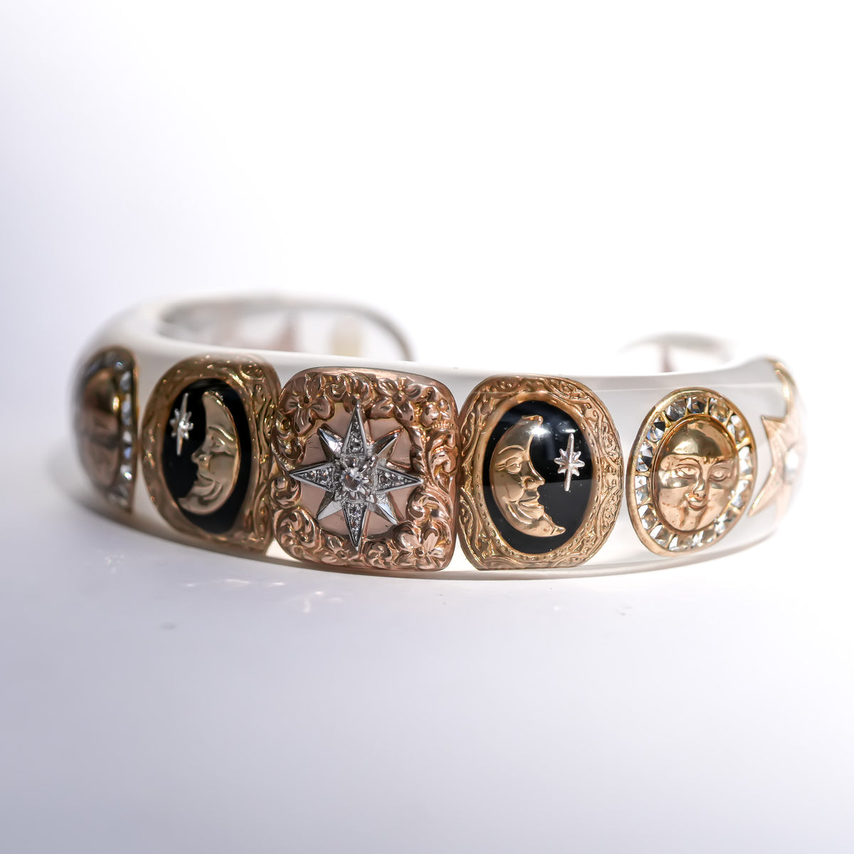 The Celestial Sun, Moon & Star Bracelet - Smoky White × Gold