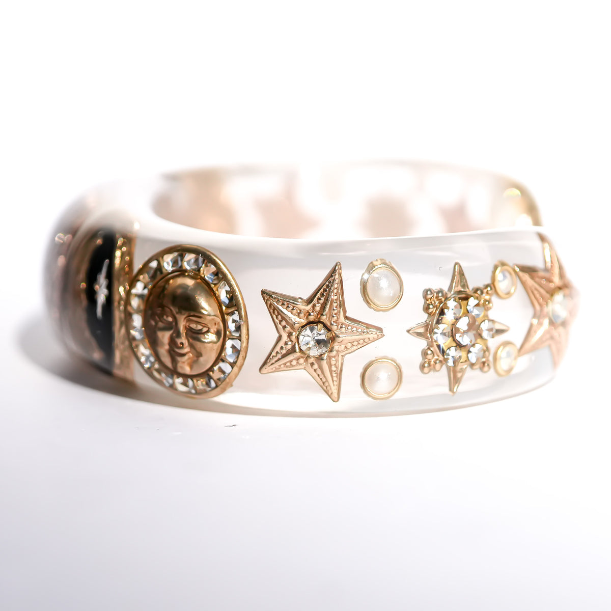 The Celestial Sun, Moon & Star Bracelet - Smoky White × Gold