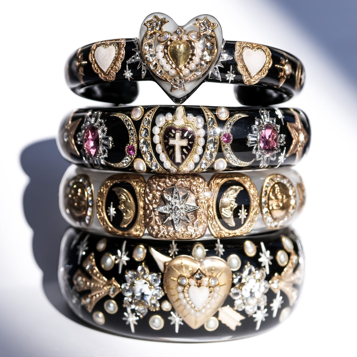 The Celestial Sun, Moon & Star Bracelet - Smoky White × Gold