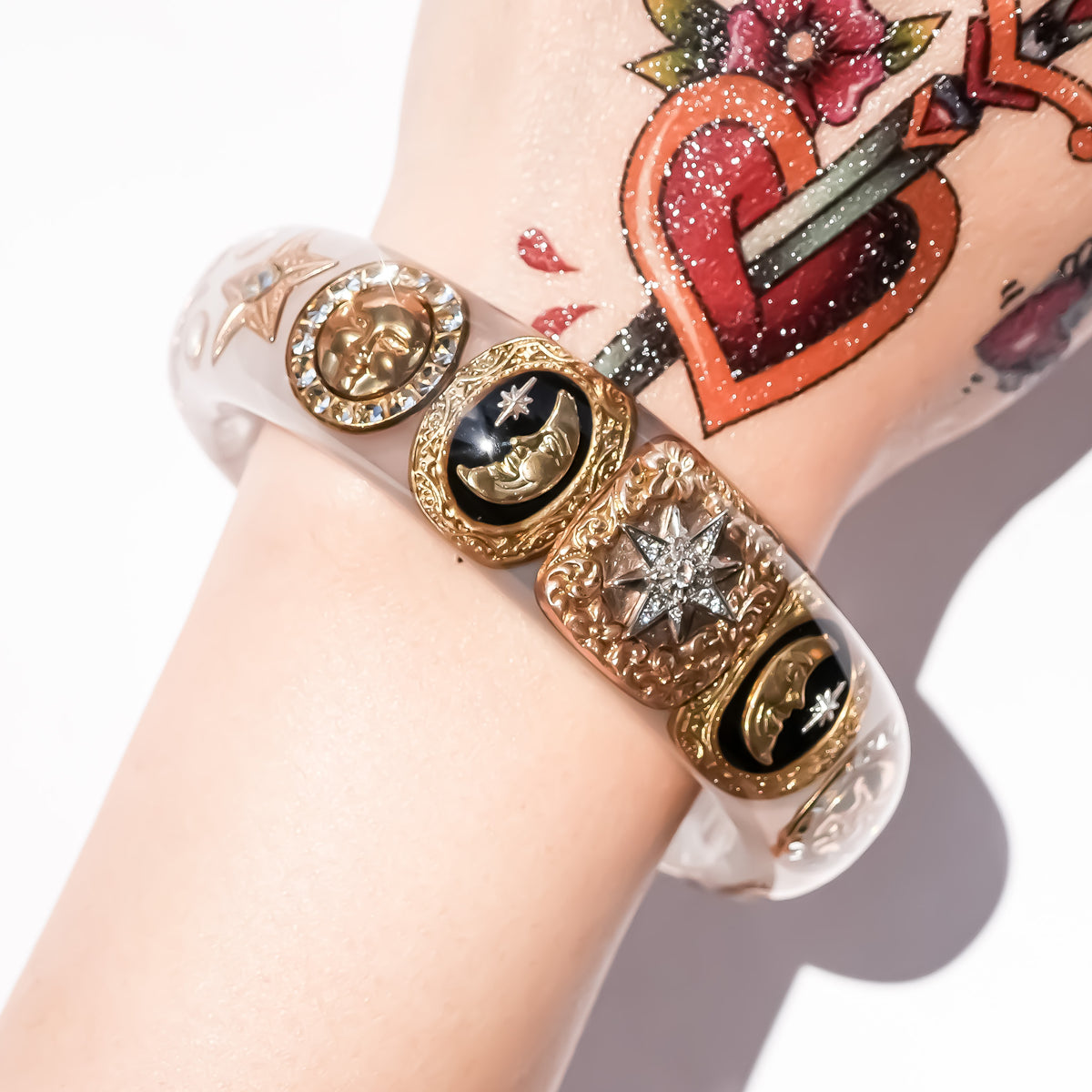 The Celestial Sun, Moon & Star Bracelet - Smoky White × Gold