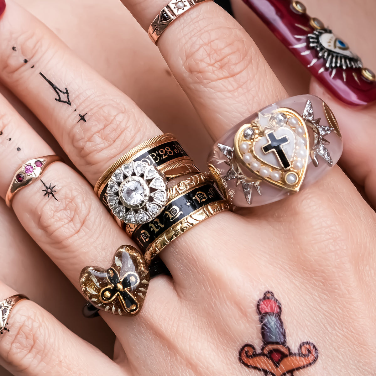 The Sacred Halo Cross Heart Ring - Smoky Pink × White / #14