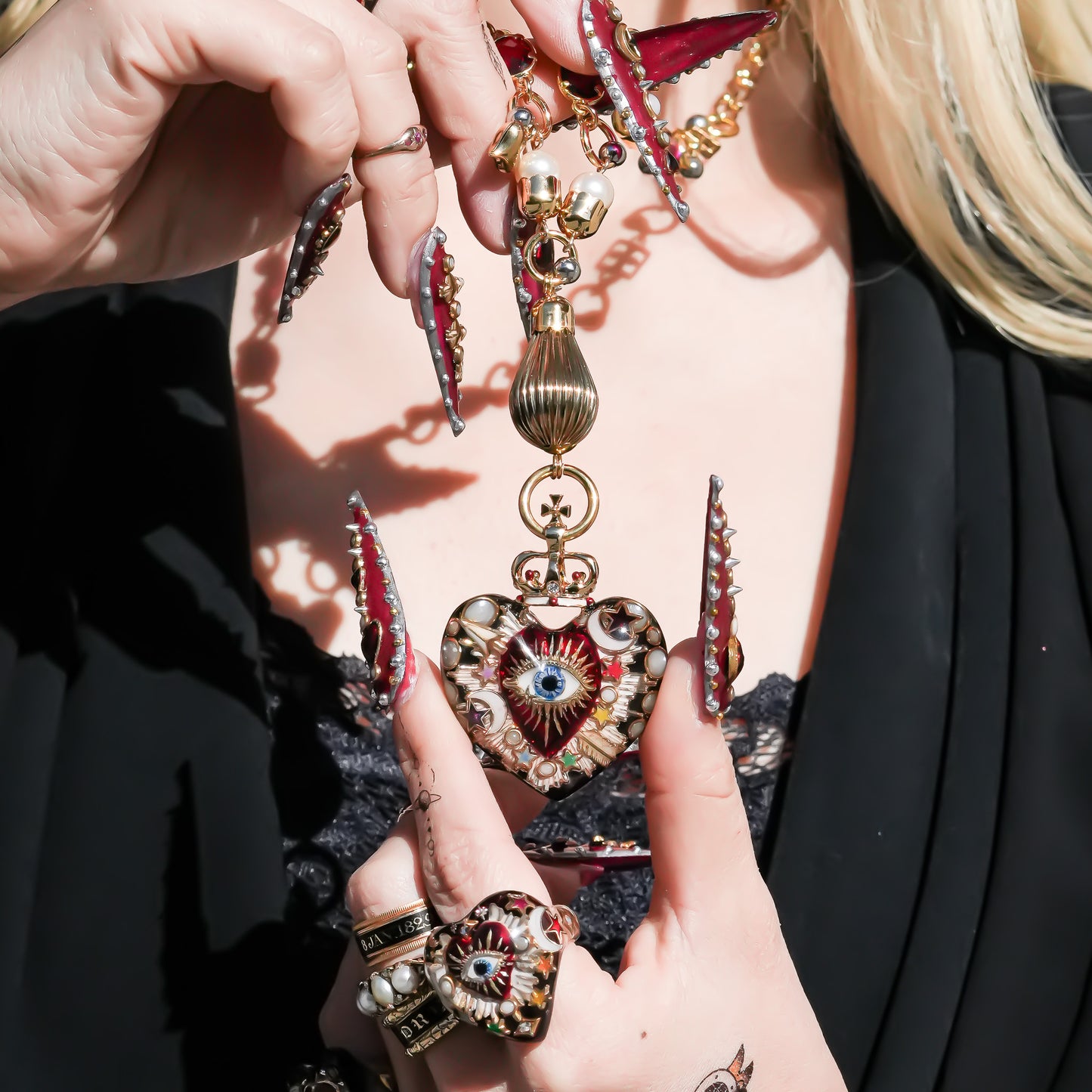 Celestial Lucky Heart Necklace - Black × Red