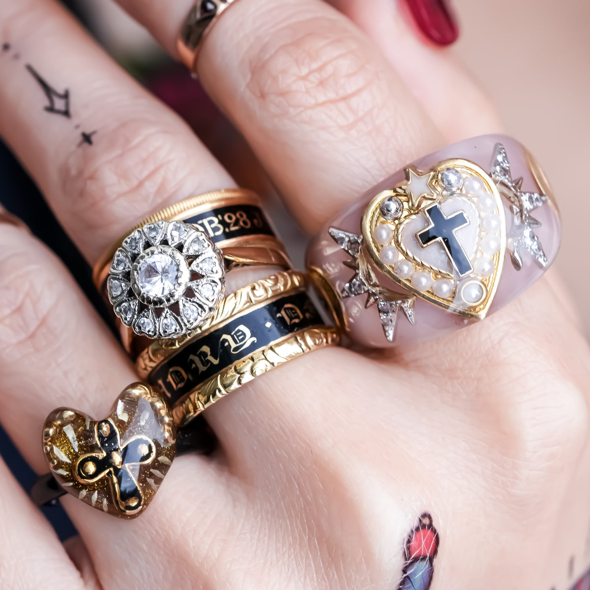 The Sacred Halo Cross Heart Ring - Smoky Pink × White / #14