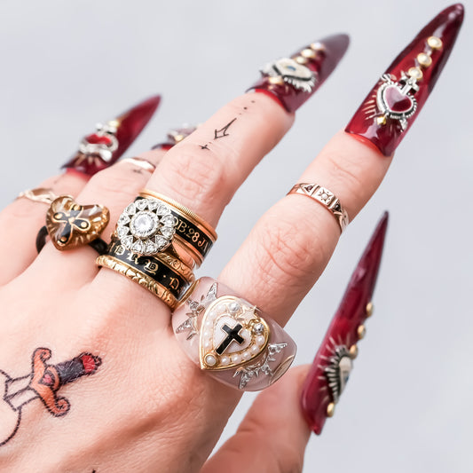 The Sacred Halo Cross Heart Ring - Smoky Pink × White / #14