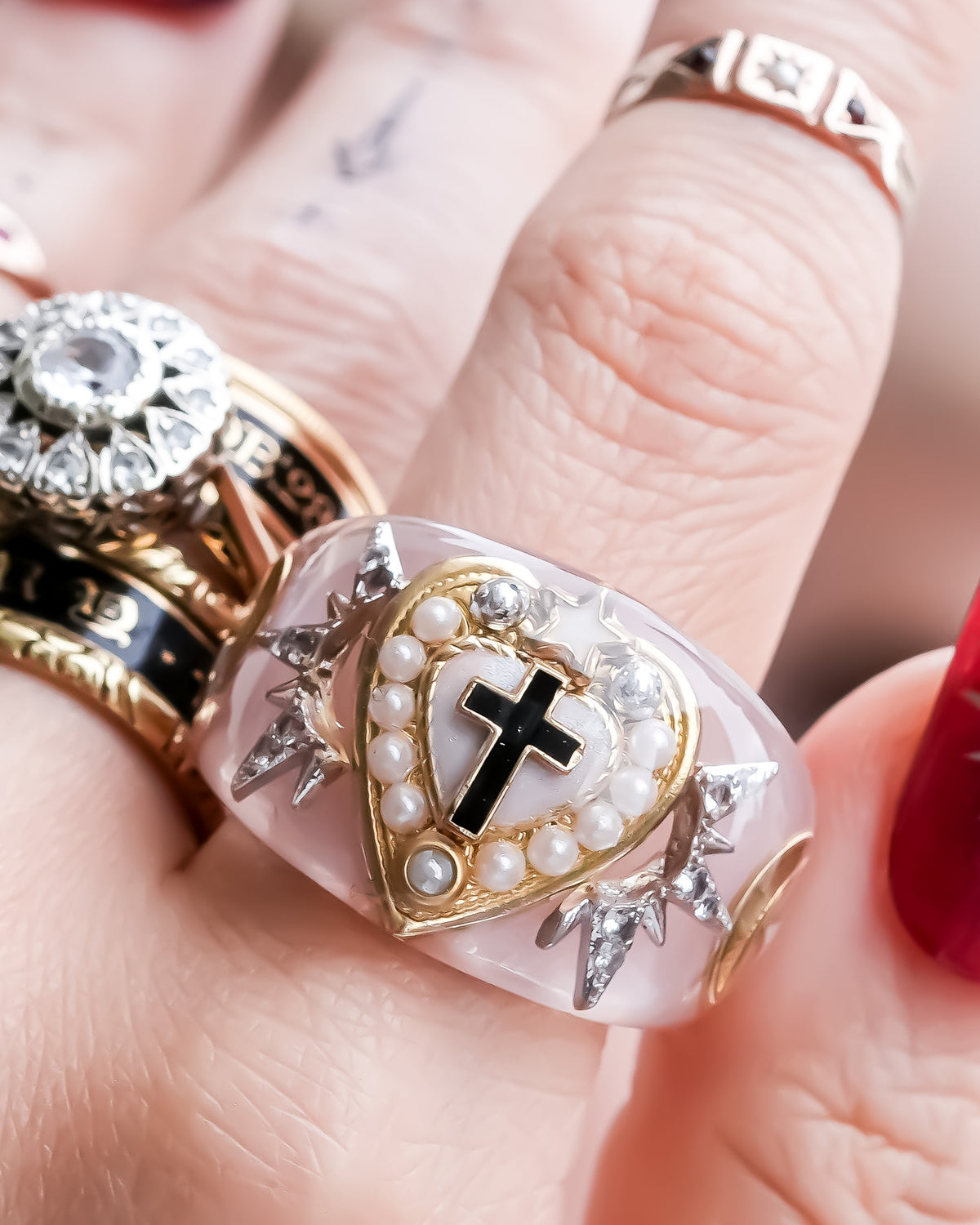 The Sacred Halo Cross Heart Ring - Smoky Pink × White / #14