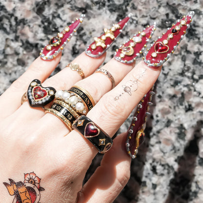 Crowned heart band ring - black × red / ＃11 #12