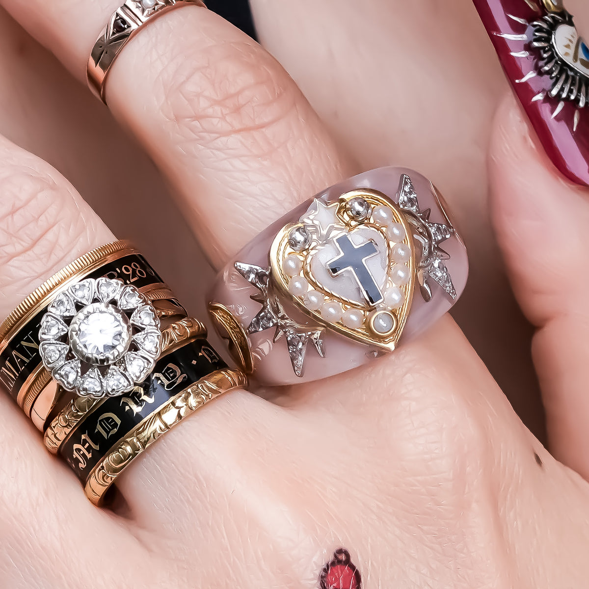 The Sacred Halo Cross Heart Ring - Smoky Pink × White / #14