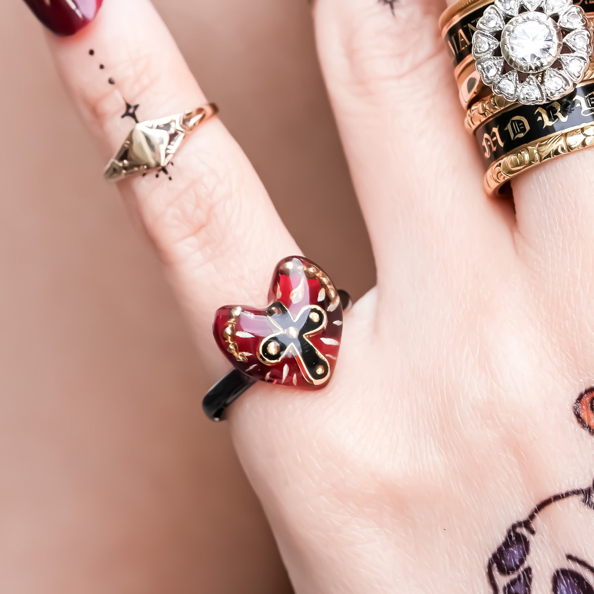 The Sacred Cross Heart Ring - Red × Black / #6