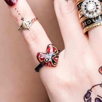 The Sacred Cross Heart Ring - Red × Black / #6