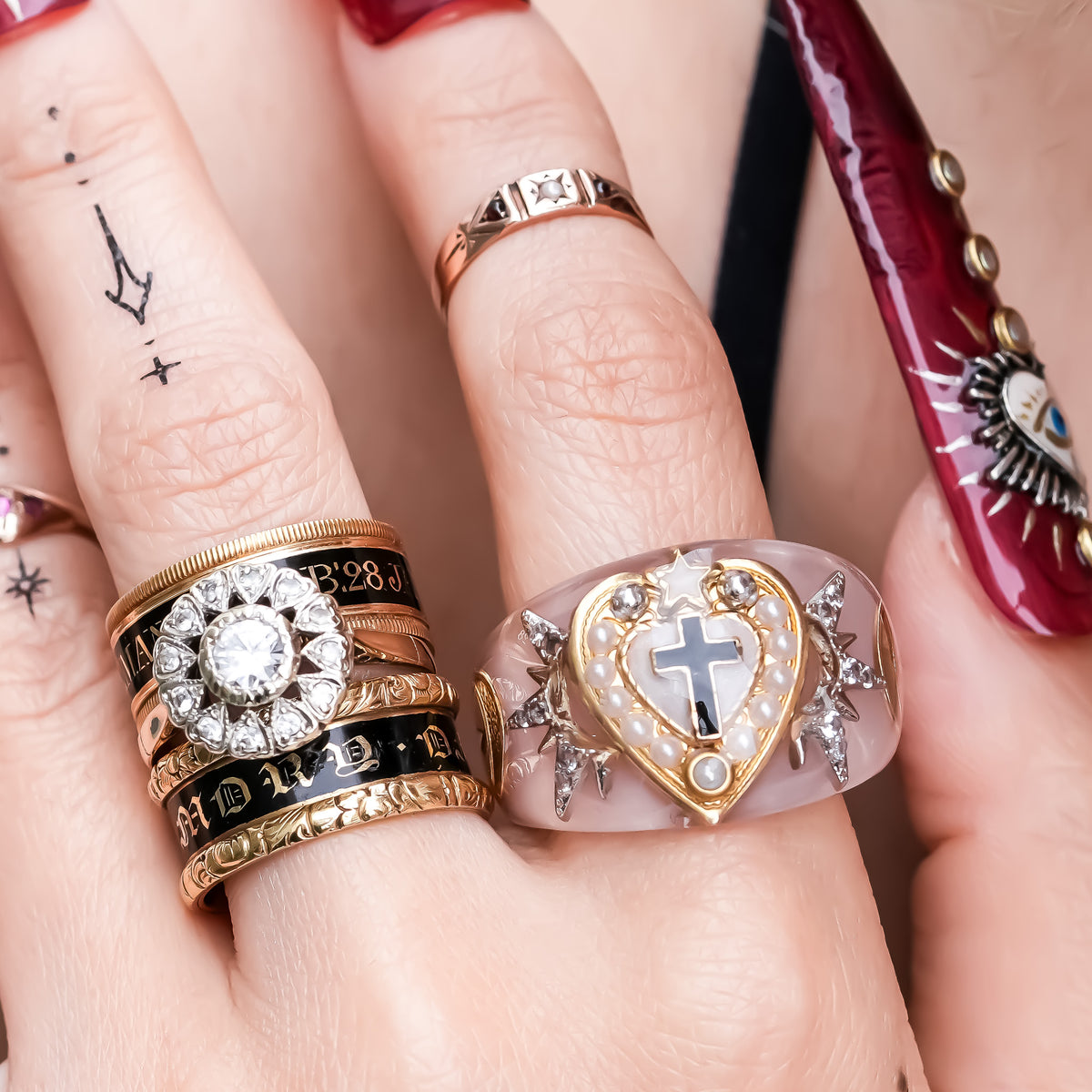 The Sacred Halo Cross Heart Ring - Smoky Pink × White / #14