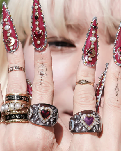 Mystic Night Heart Ring - gray blue / deep red / #13