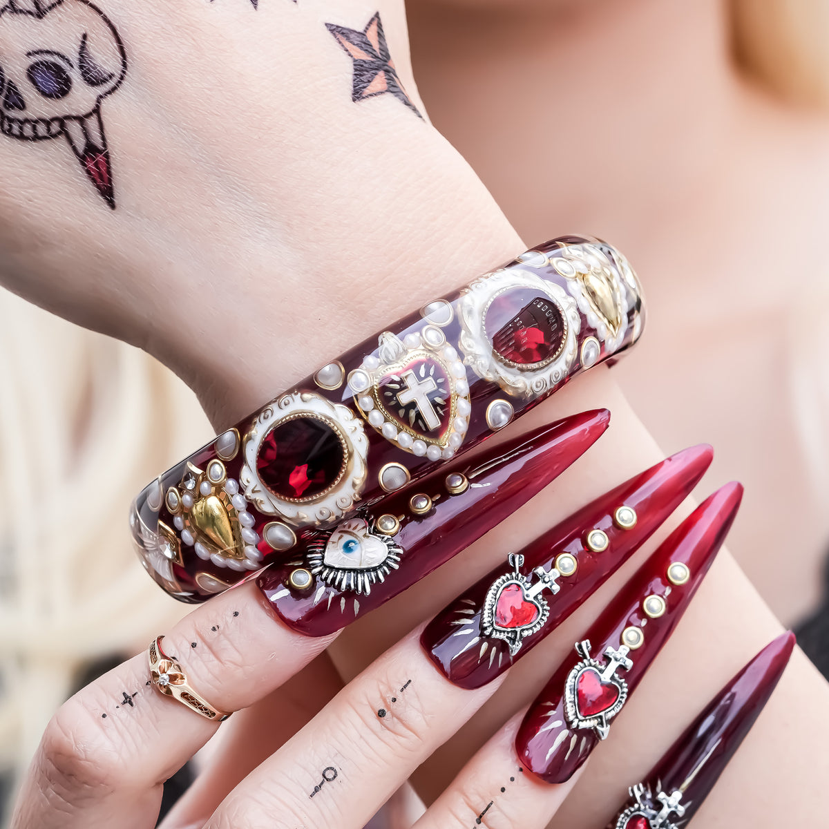 The Baroque Chapel Cross Bracelet - Ruby Red × Gold