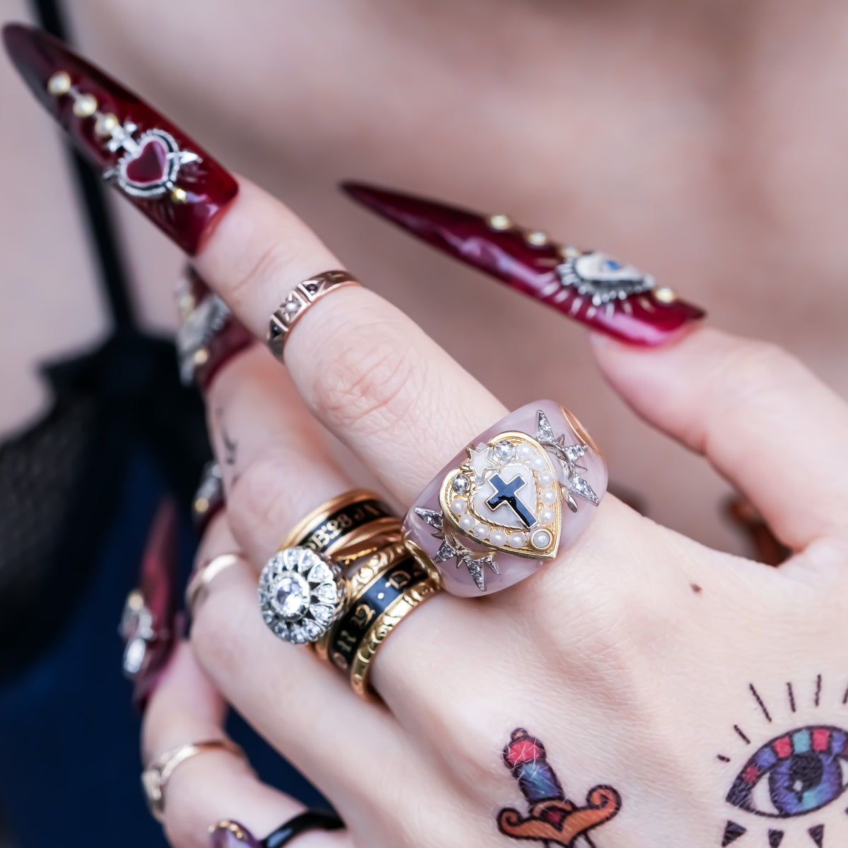 The Sacred Halo Cross Heart Ring - Smoky Pink × White / #14