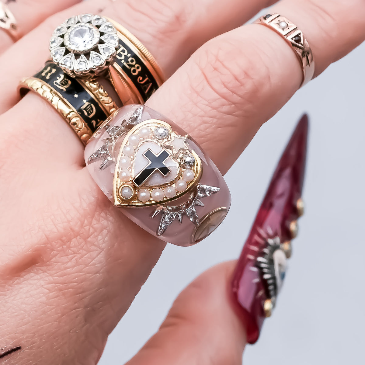 The Sacred Halo Cross Heart Ring - Smoky Pink × White / #14
