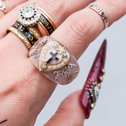 The Sacred Halo Cross Heart Ring - Smoky Pink × White / #14