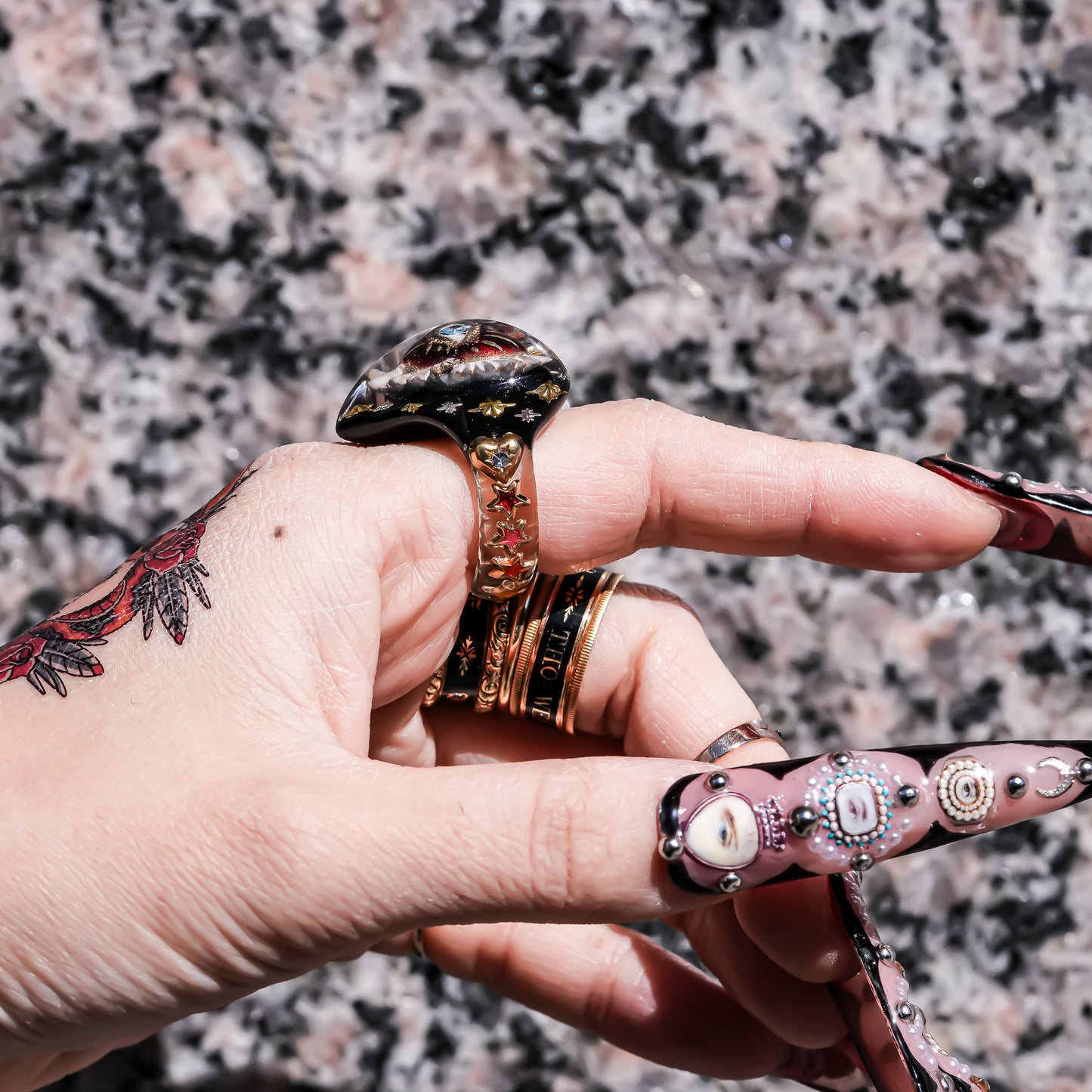 Mystic rainbow star heart ring - black × multicolor / ＃10