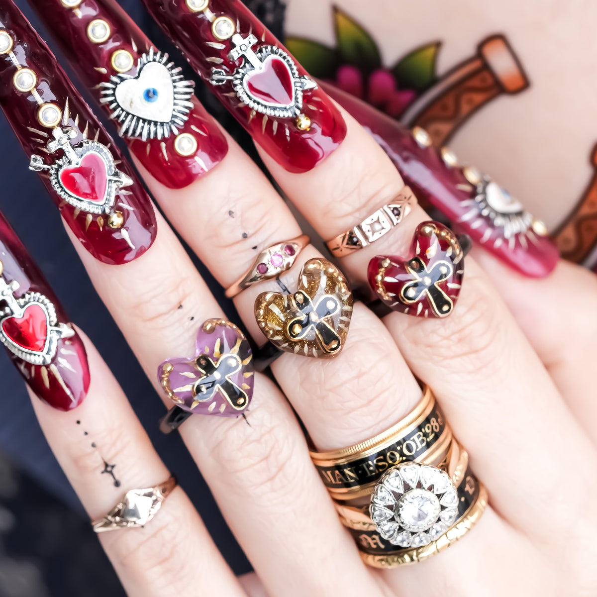 The Sacred Cross Heart Ring - Red × Black / #6