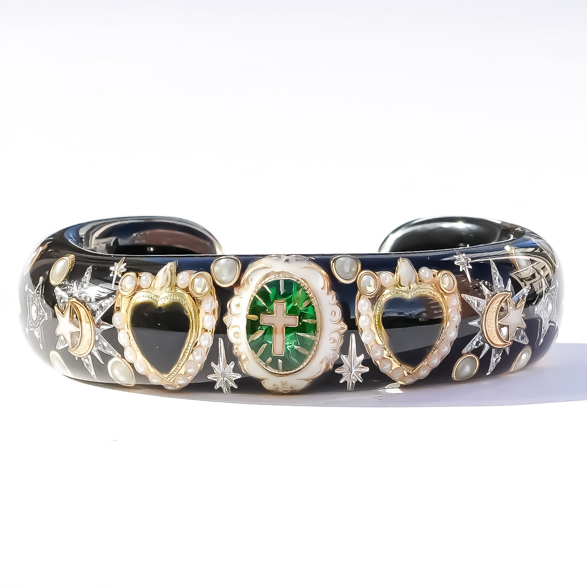 The Baroque Chapel Cross Bracelet - Black × Emerald Green