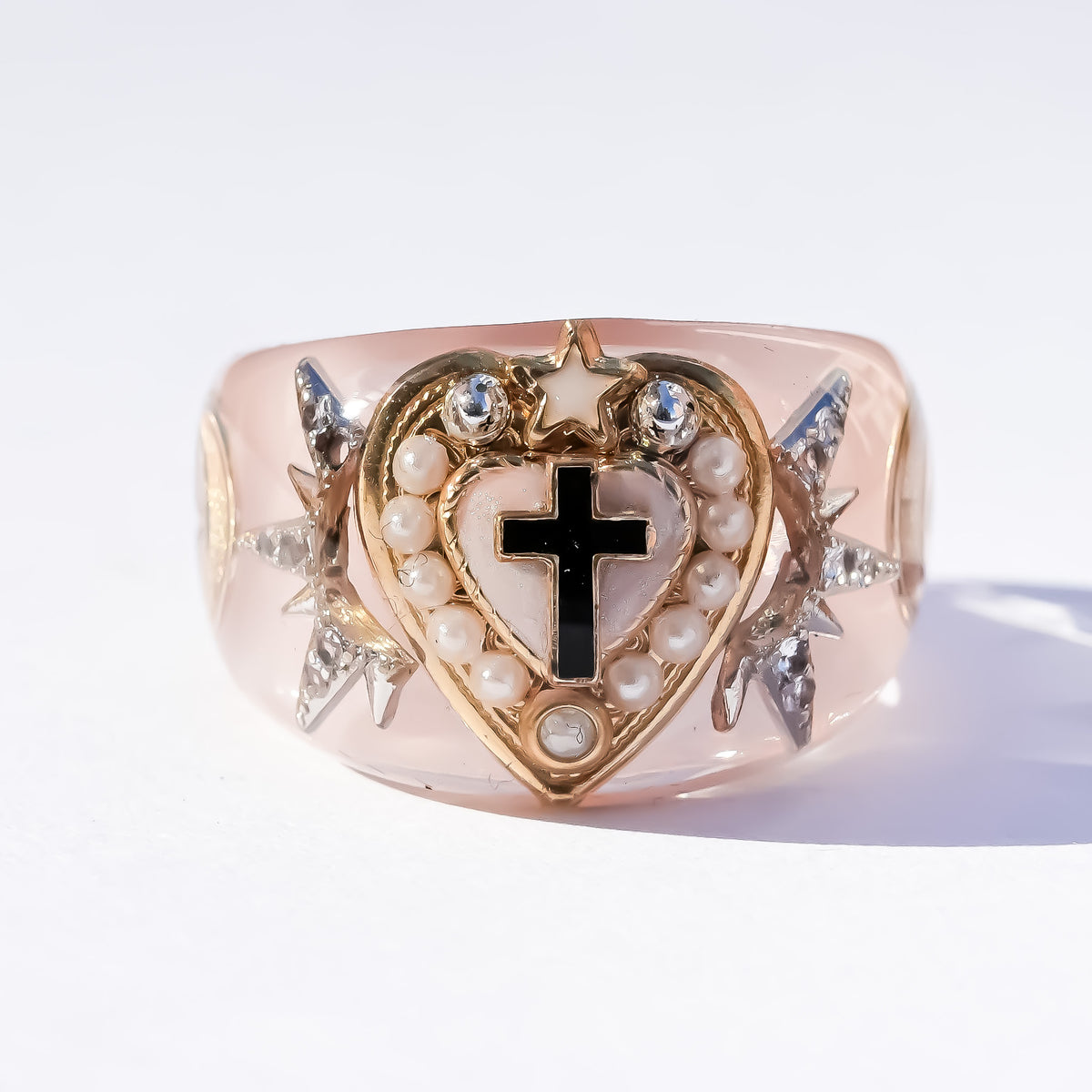 The Sacred Halo Cross Heart Ring - Smoky Pink × White / #14