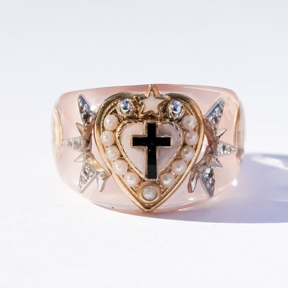 The Sacred Halo Cross Heart Ring - Smoky Pink × White / #14