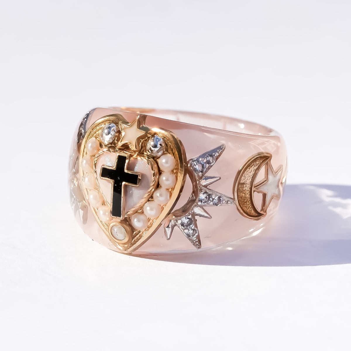 The Sacred Halo Cross Heart Ring - Smoky Pink × White / #14