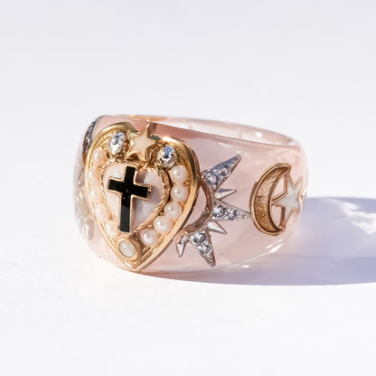 The Sacred Halo Cross Heart Ring - Smoky Pink × White / #14
