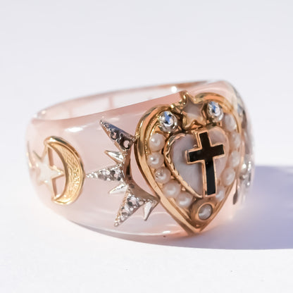 The Sacred Halo Cross Heart Ring - Smoky Pink × White / #14