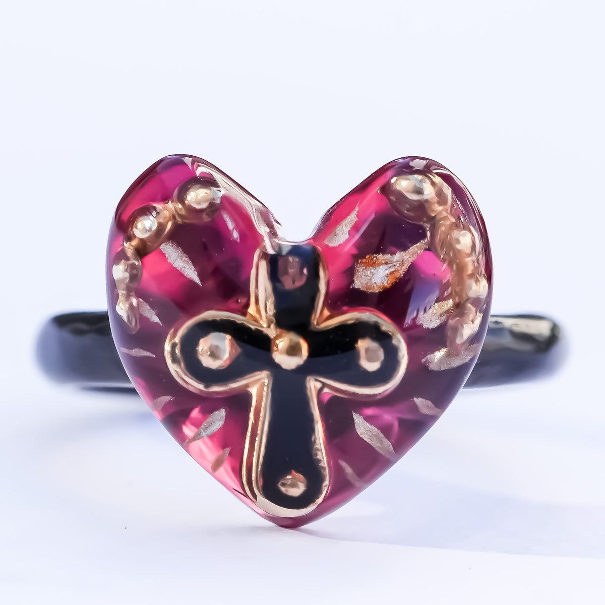 The Sacred Cross Heart Ring - Red × Black / #6