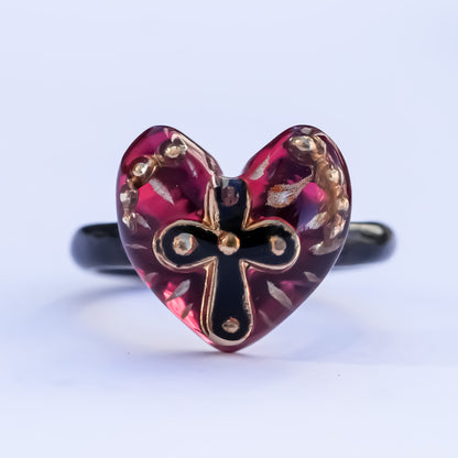 The Sacred Cross Heart Ring - Red × Black / #6