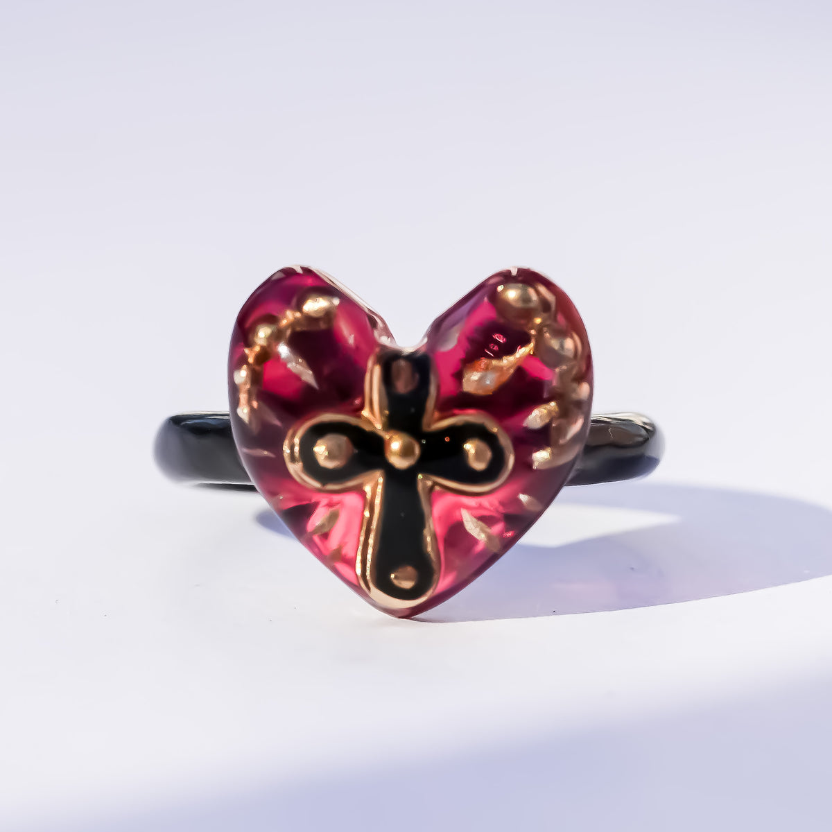 The Sacred Cross Heart Ring - Red × Black / #6