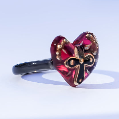 The Sacred Cross Heart Ring - Red × Black / #6