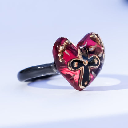 The Sacred Cross Heart Ring - Red × Black / #6