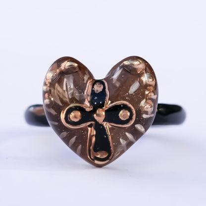 The Sacred Cross Heart Ring - Gold × Black / #6