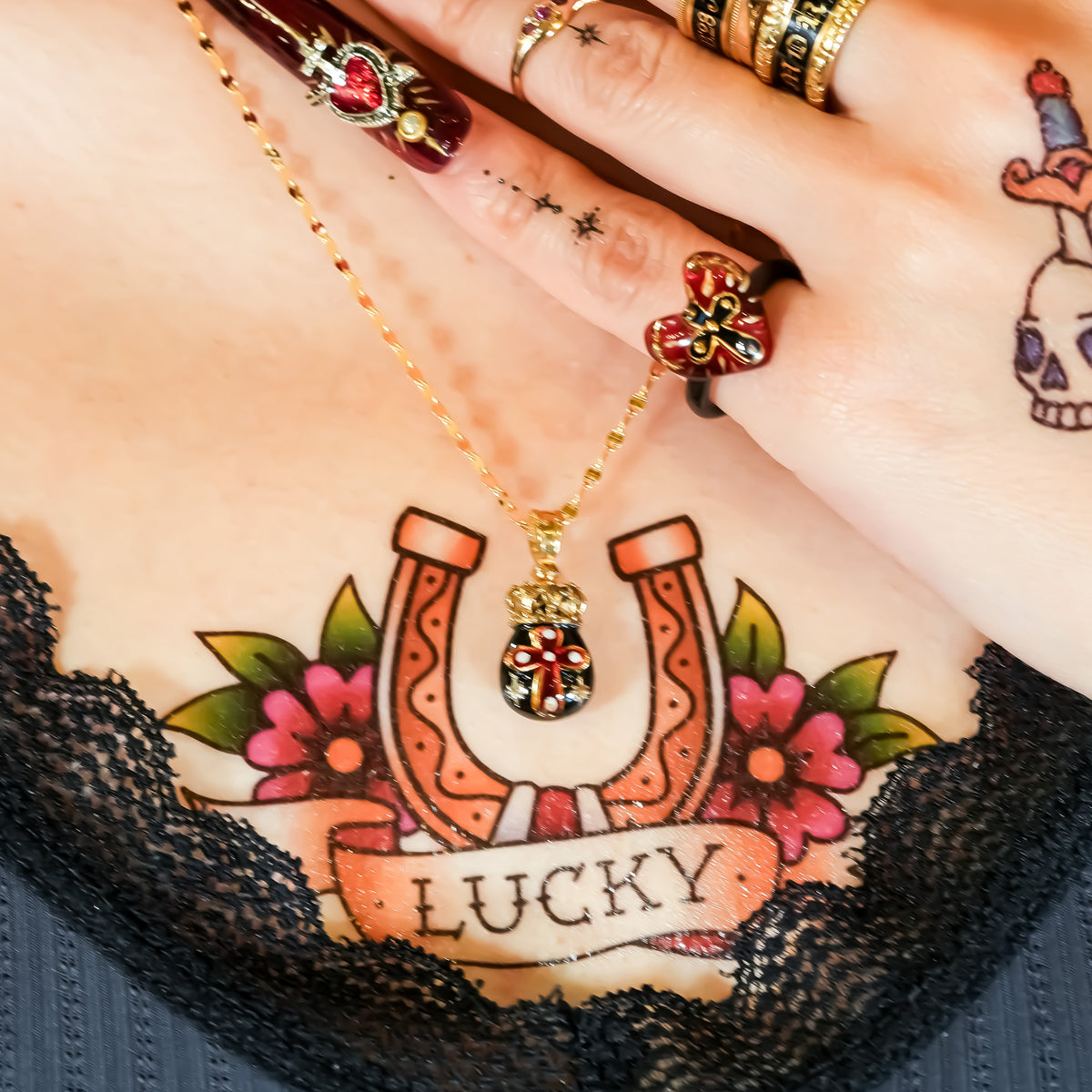 The Crowned Cross Talisman Necklace - Black × Red / Black / Gold