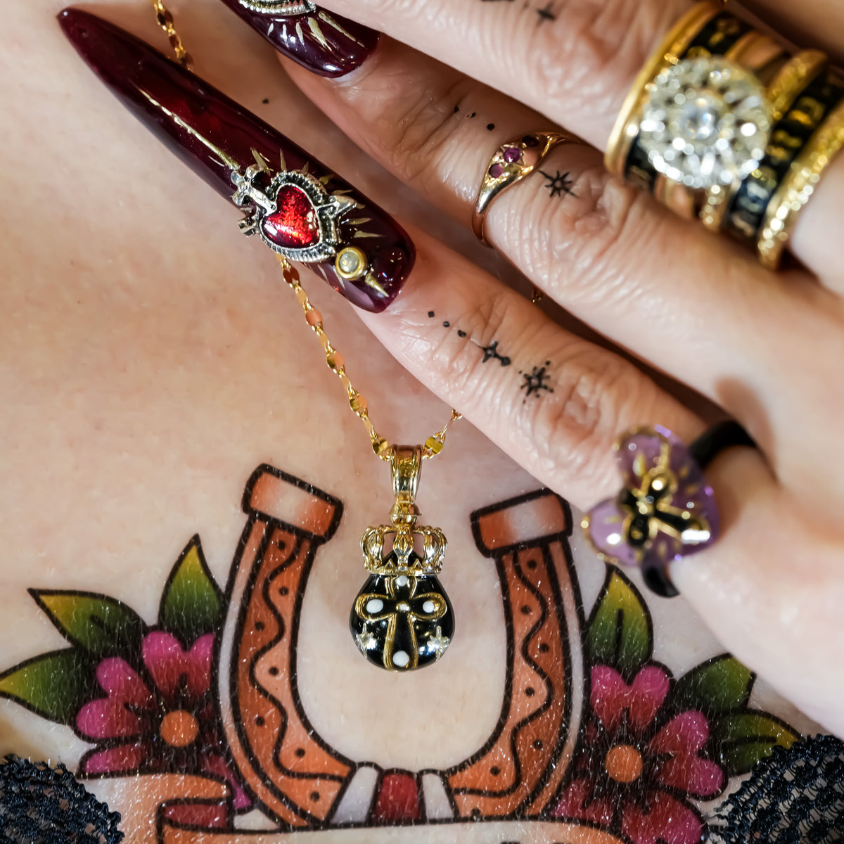 The Crowned Cross Talisman Necklace - Black × Red / Black / Gold