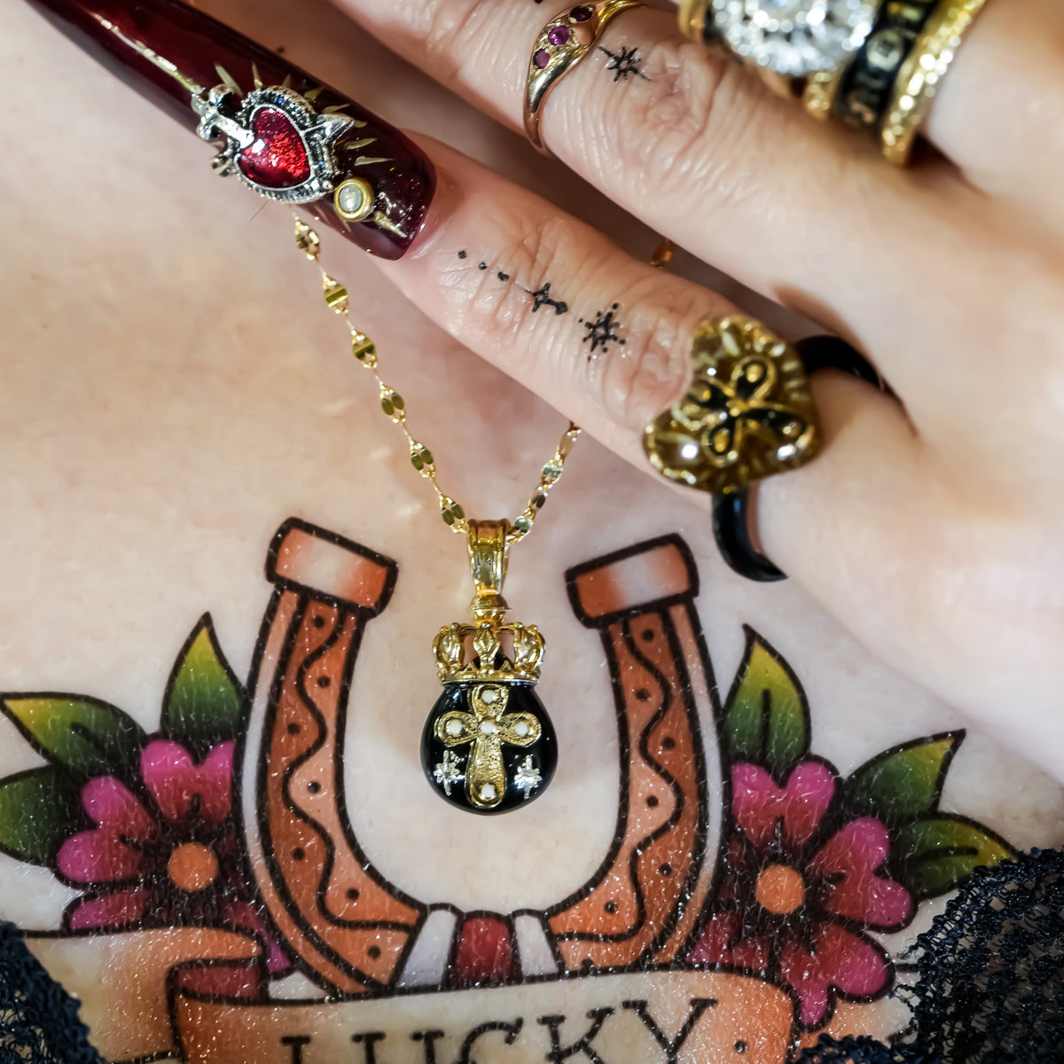 The Crowned Cross Talisman Necklace - Black × Red / Black / Gold