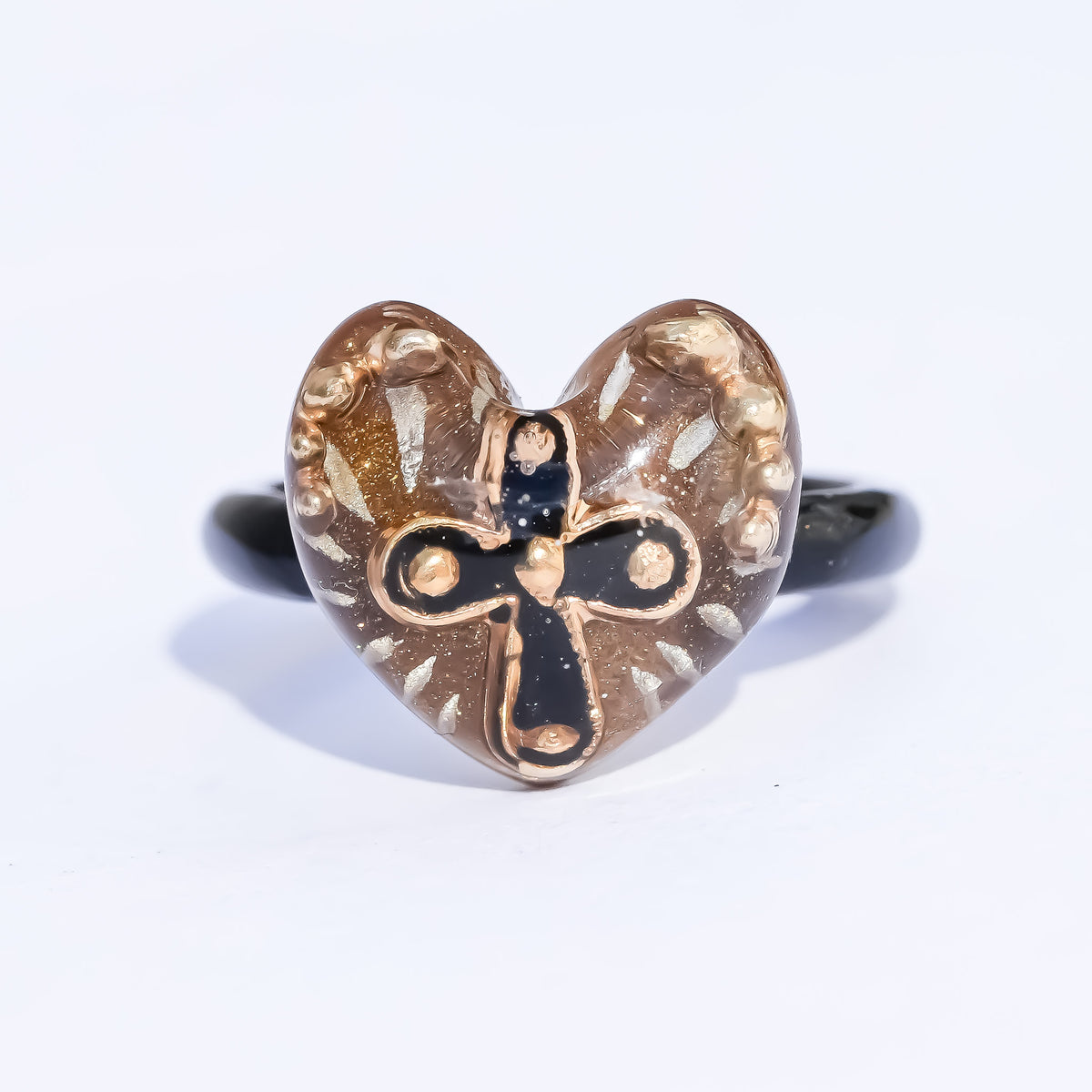 The Sacred Cross Heart Ring - Gold × Black / #6